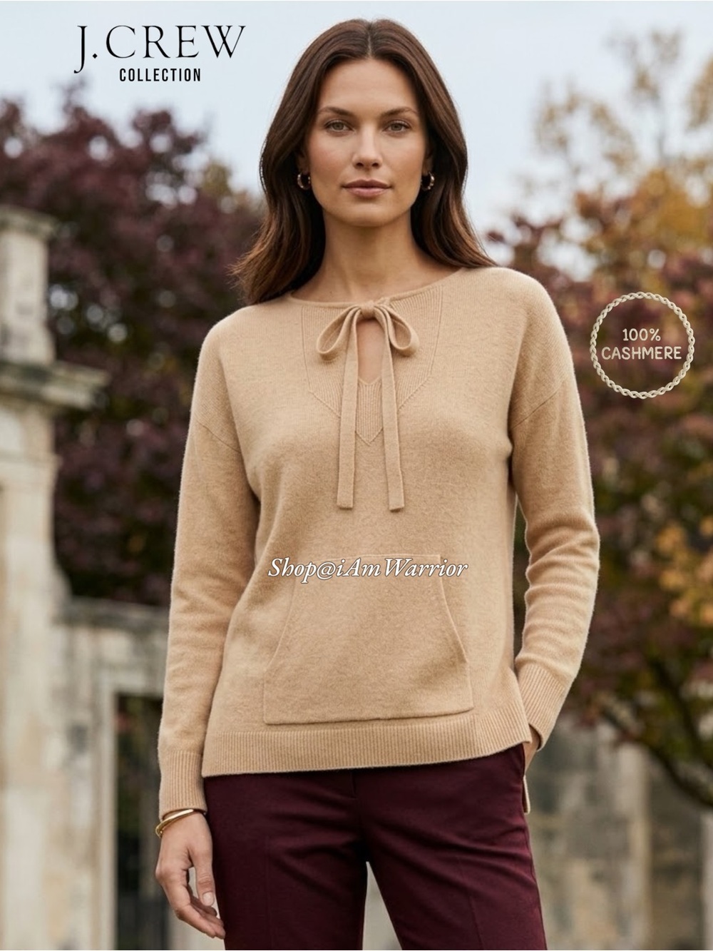 J.Crew Collection 100% Cashmere Tie Neck Kangaroo Pocket Sweater shop@iamwarrior